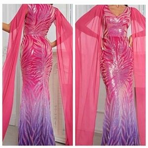 Multicolor Random Print,  Cloak, Sequined, Mesh Mermaid Maxi gown
